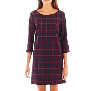 MNG By Mango Womens Size XXS Navy Red Check 3/4 Sleeve Shift Mini Dress NWT